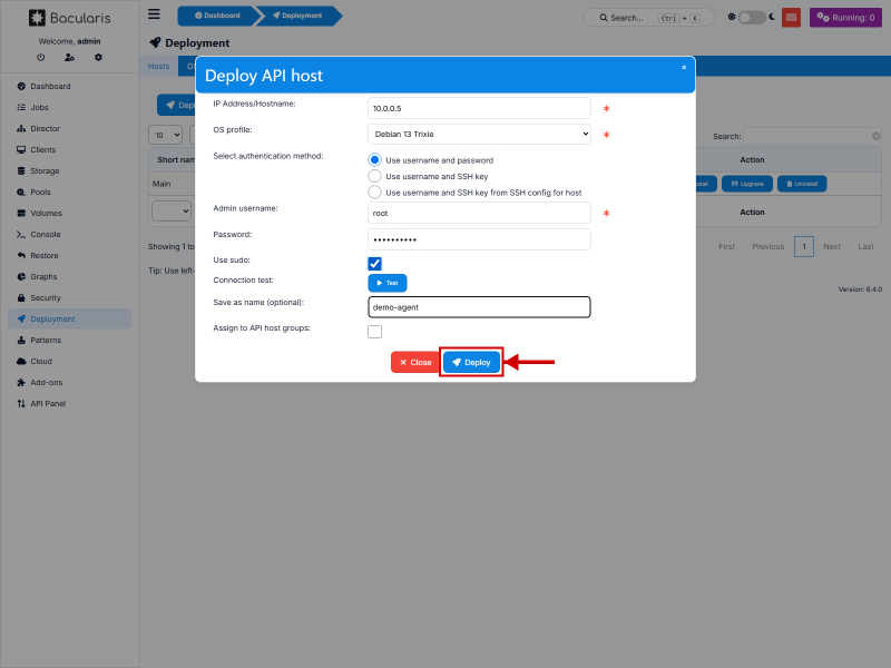 Tombol Test dan Deploy pada form deployment