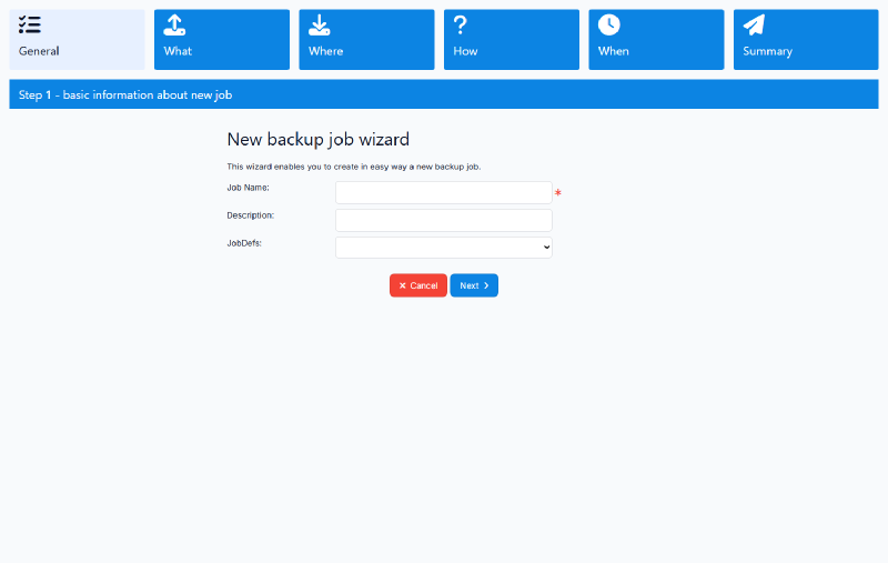 Langkah 1 wizard job backup, Basic information