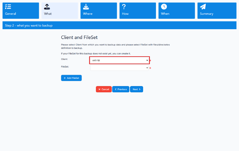 Pemilihan client pada langkah Backup source