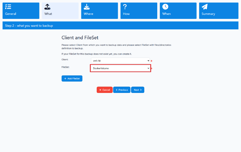 Pemilihan FileSet pada langkah Backup source