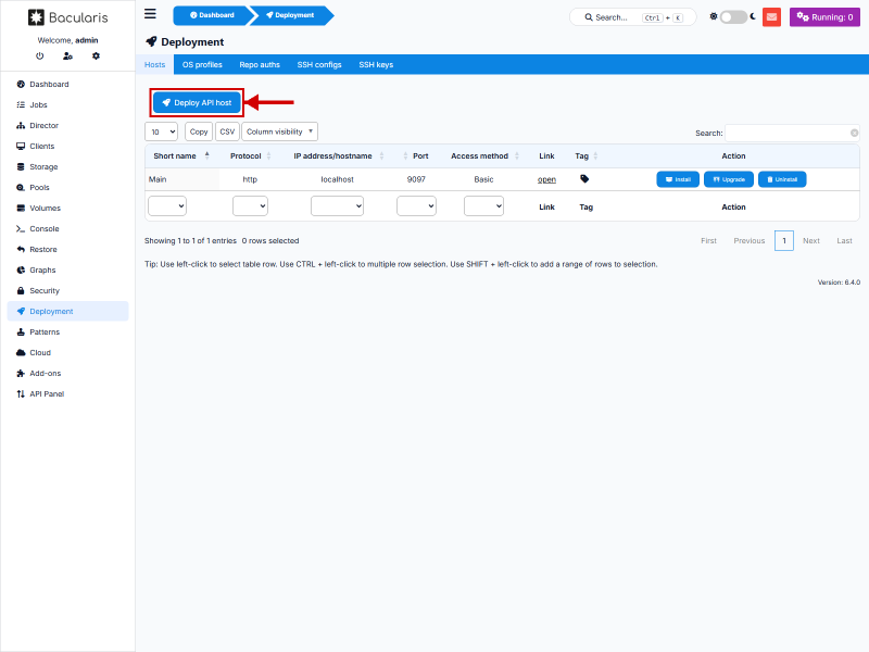 Tombol Deploy API host pada menu Deployment Hosts