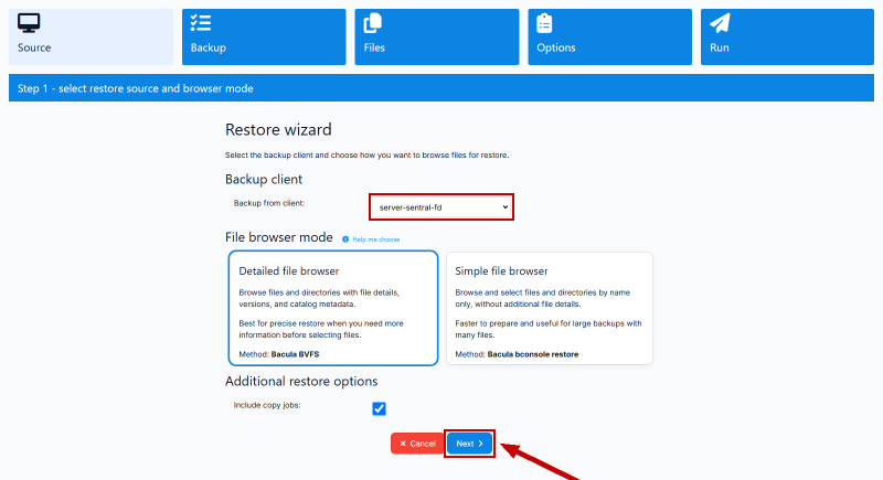 Restore langkah 1, pemilihan source client