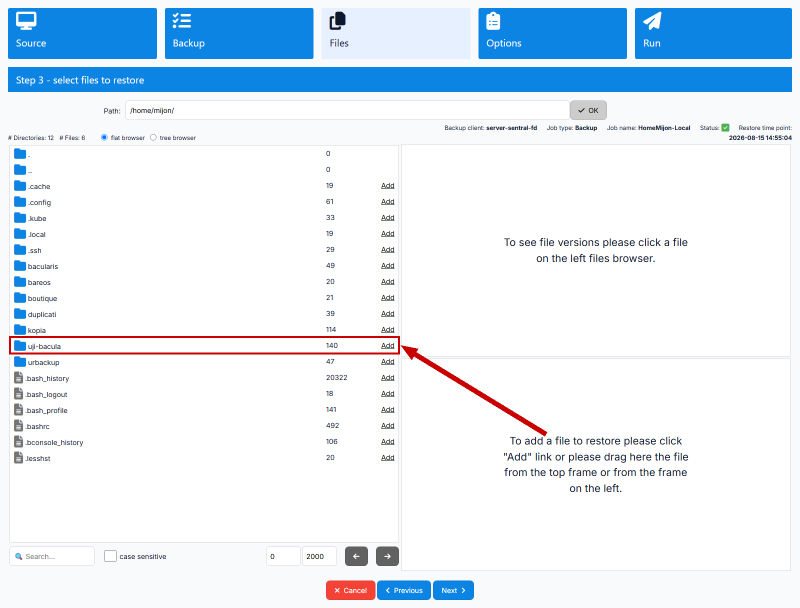 Pemilihan folder yang akan direstore