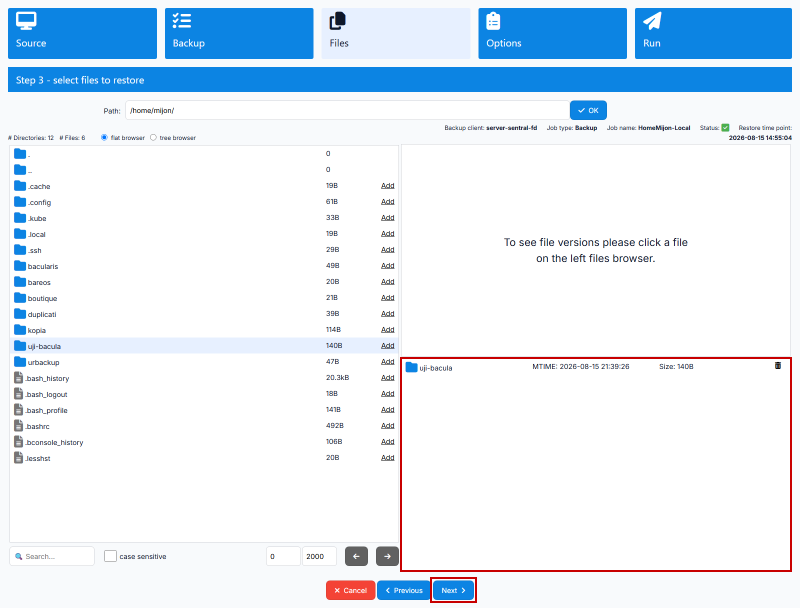 Folder restore yang sudah terpilih di panel kanan