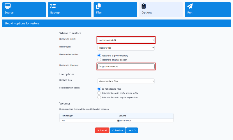 Pemilihan client dan direktori tujuan restore
