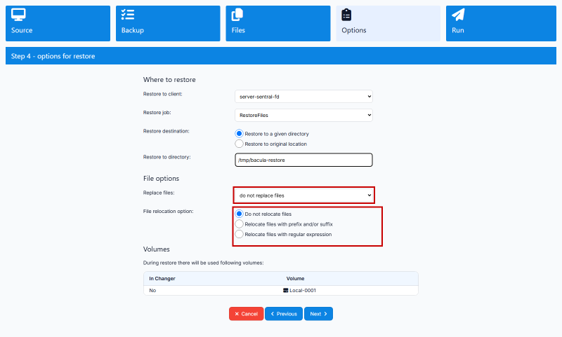 Pemilihan opsi file untuk restore