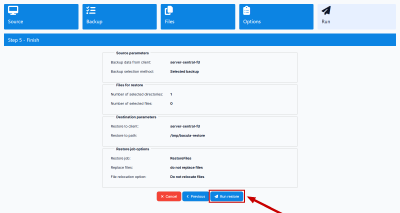 Ringkasan restore sebelum dijalankan