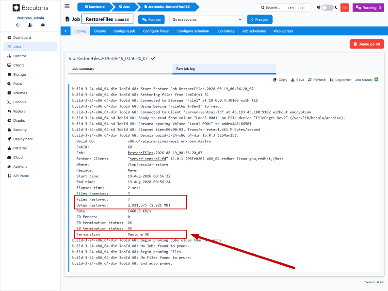 Raw job log dengan baris Termination Restore OK