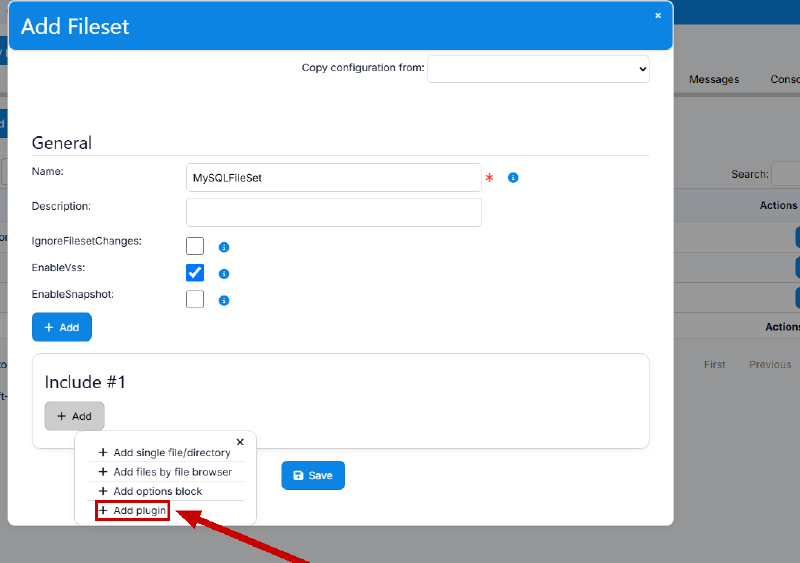 Menu Add plugin di dalam blok Include pada FileSet