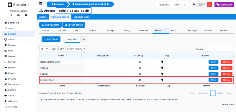 FileSet dengan plugin MySQL yang sudah tersimpan