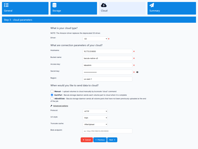 Form cloud parameters dengan Driver S3, Protocol HTTP, dan Uri style Path