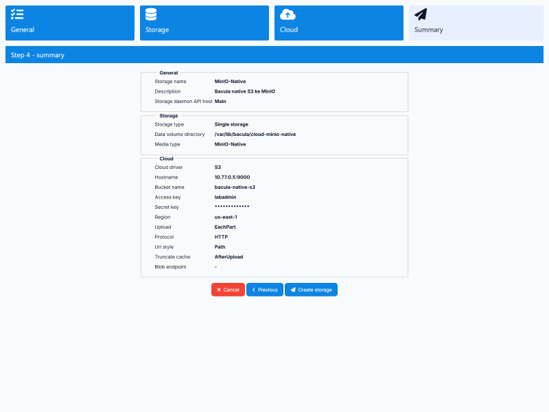 Ringkasan wizard cloud storage sebelum disimpan