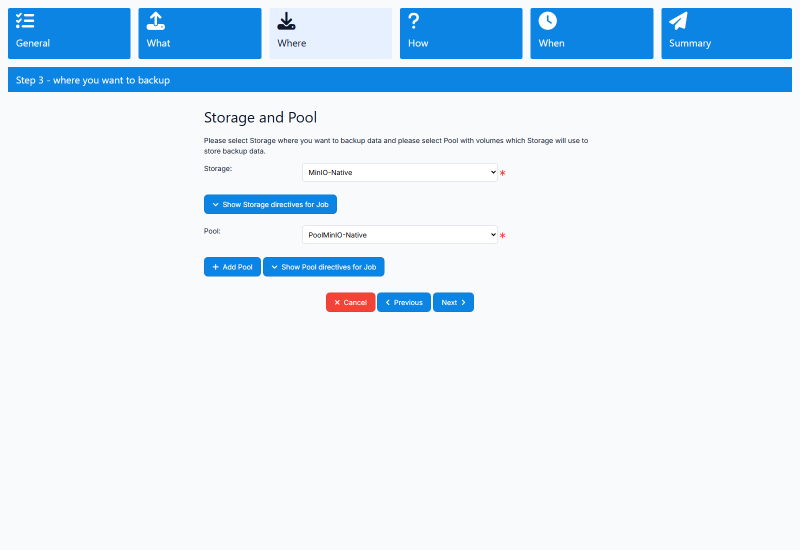 Langkah Destination memilih Cloud Storage dan Pool cloud
