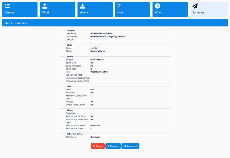Ringkasan wizard job backup ke Cloud Storage