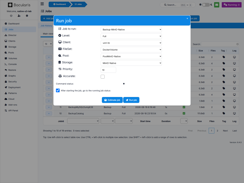 Form Run job untuk backup ke Cloud Storage
