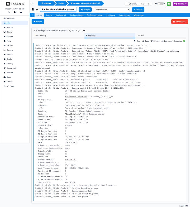 Raw job log menampilkan status unggahan part ke object storage